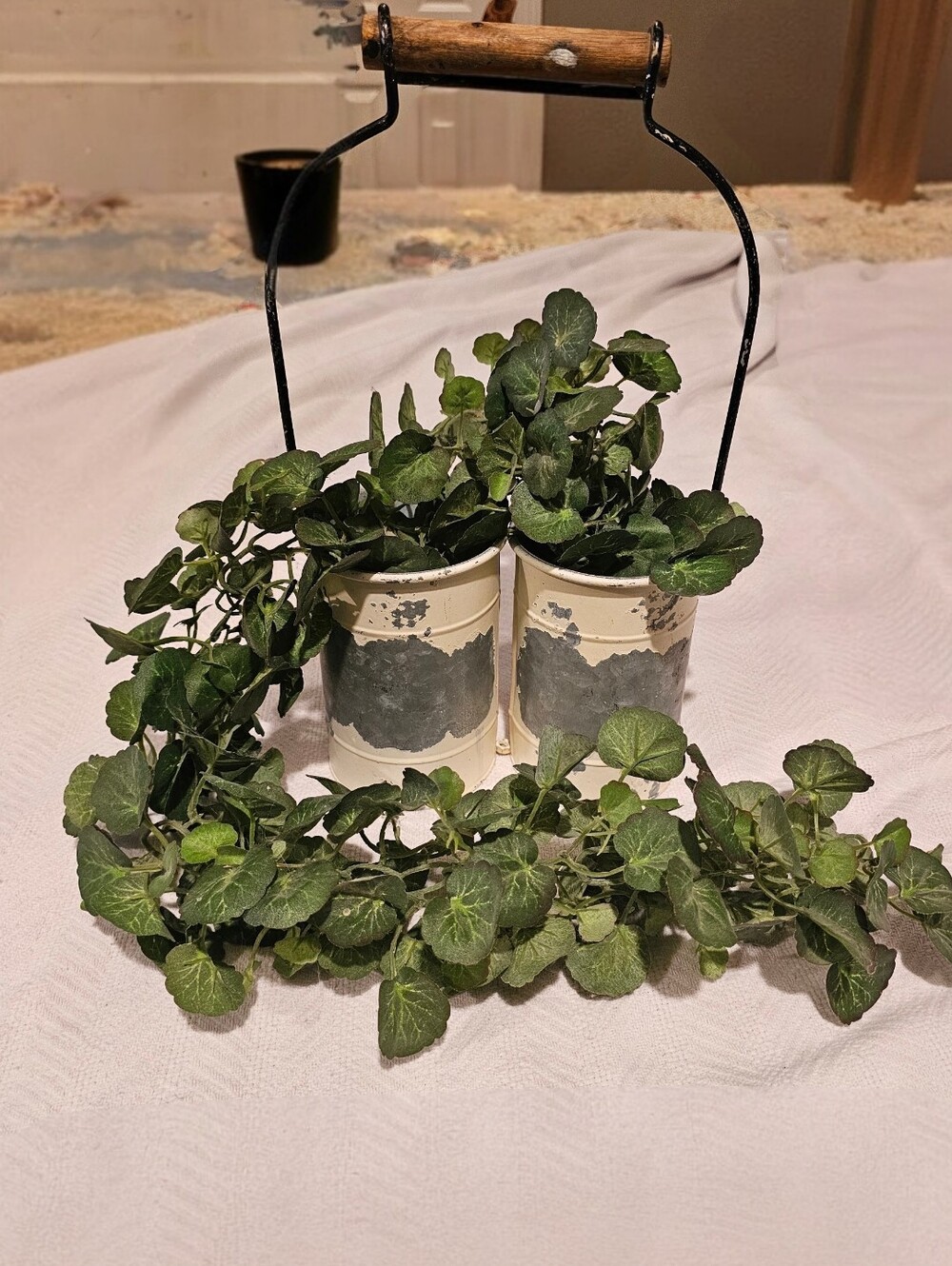 Rustic Double Tin Planter with Wood Handle
